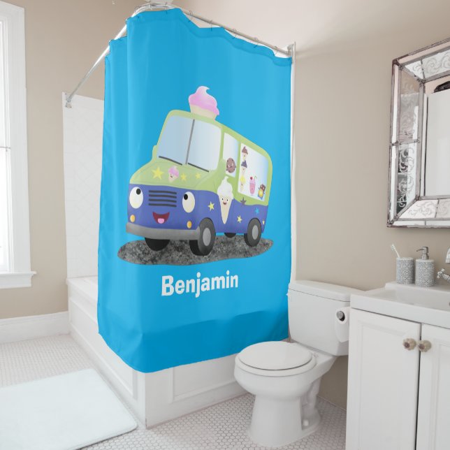 Cute happy ice cream truck cartoon shower curtain (In Situ)