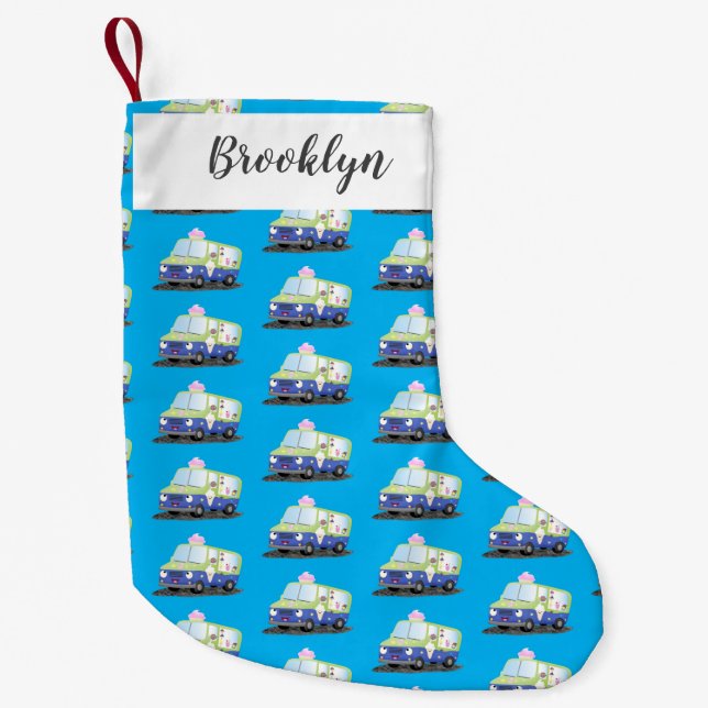 Cute happy ice cream truck cartoon small christmas stocking (Front)