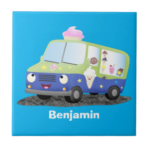 Cute happy ice cream truck cartoon tile