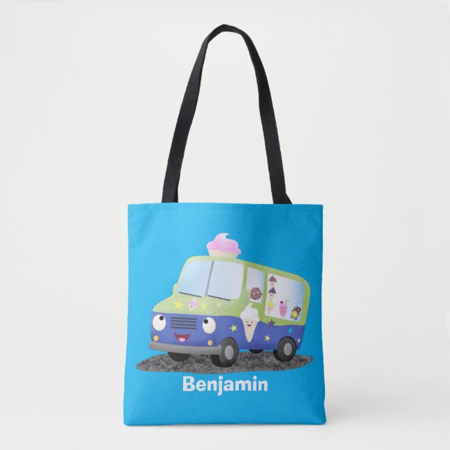 Cute happy ice cream truck cartoon tote bag (Front)