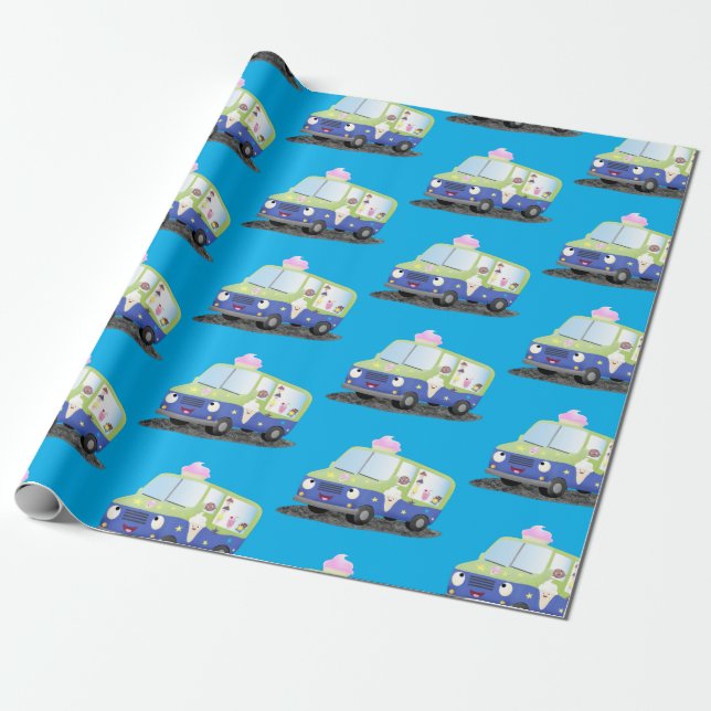 Cute happy ice cream truck cartoon wrapping paper (Unrolled)