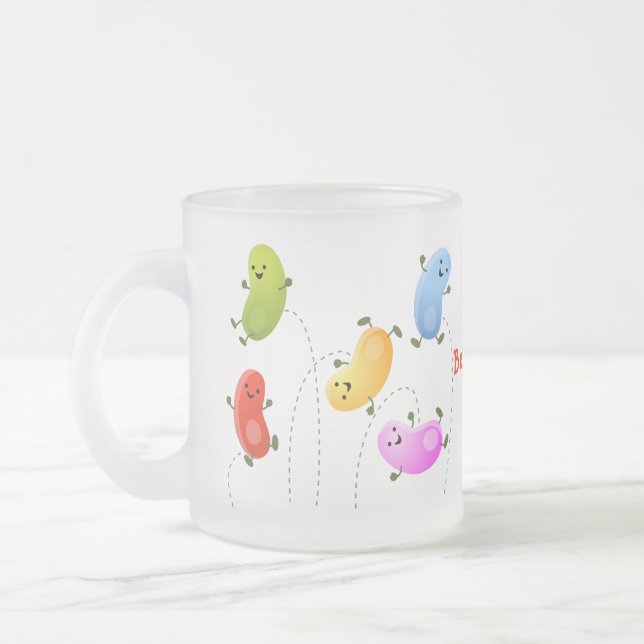 Cute happy jellybeans jumping cartoon illustration frosted glass coffee mug (Left)