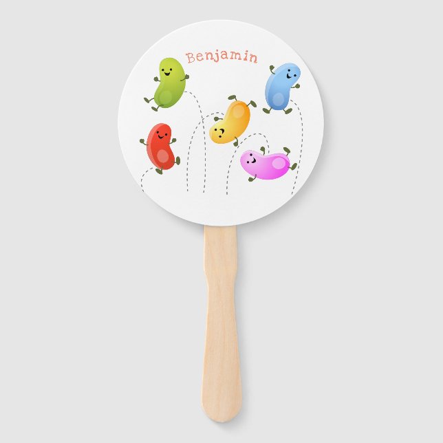 Cute happy jellybeans jumping cartoon illustration hand fan (Front)