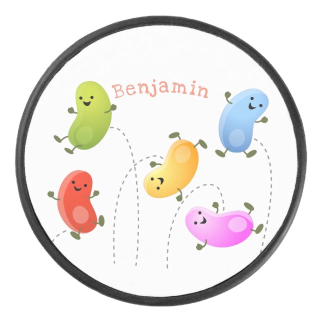 Cute happy jellybeans jumping cartoon illustration hockey puck (Front)