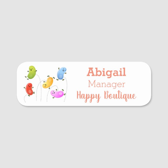 Cute happy jellybeans jumping cartoon illustration name tag (Front)