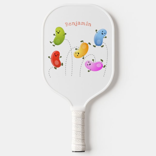 Cute happy jellybeans jumping cartoon illustration pickleball paddle (Front)