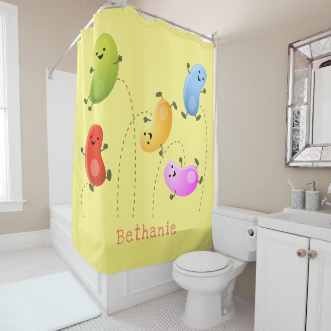 Cute happy jellybeans jumping cartoon illustration shower curtain (In Situ)