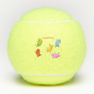 Cute happy jellybeans jumping cartoon illustration tennis balls
