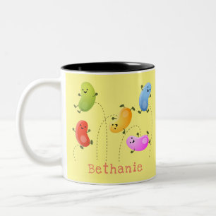 Cute happy jellybeans jumping cartoon illustration Two-Tone coffee mug