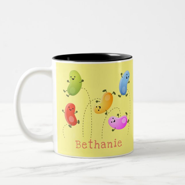 Cute happy jellybeans jumping cartoon illustration Two-Tone coffee mug (Left)