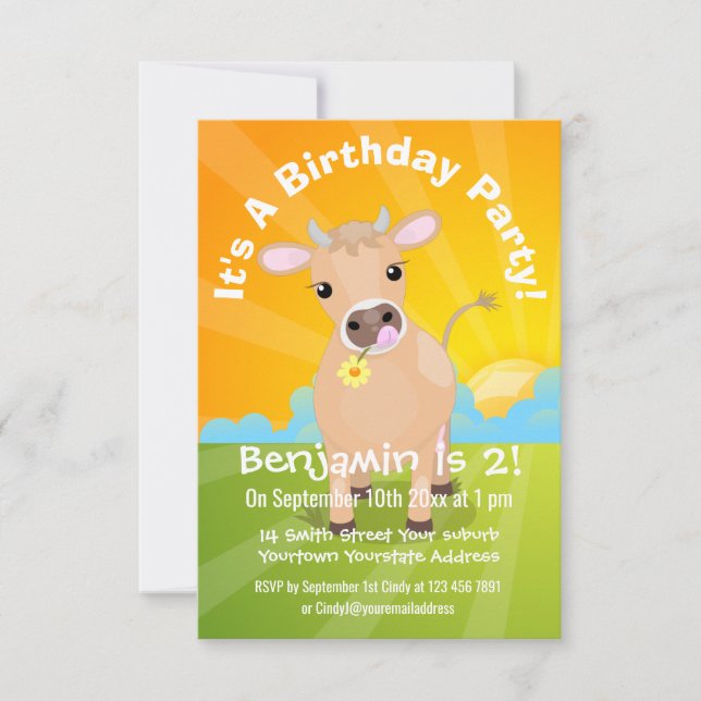 Cute happy jersey cow and flower cartoon birthday invitation (Front)