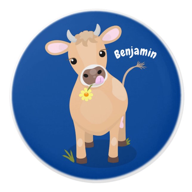Cute happy jersey cow and flower cartoon ceramic knob (Front)