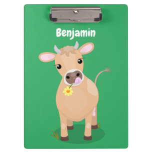 Cute happy jersey cow and flower cartoon clipboard