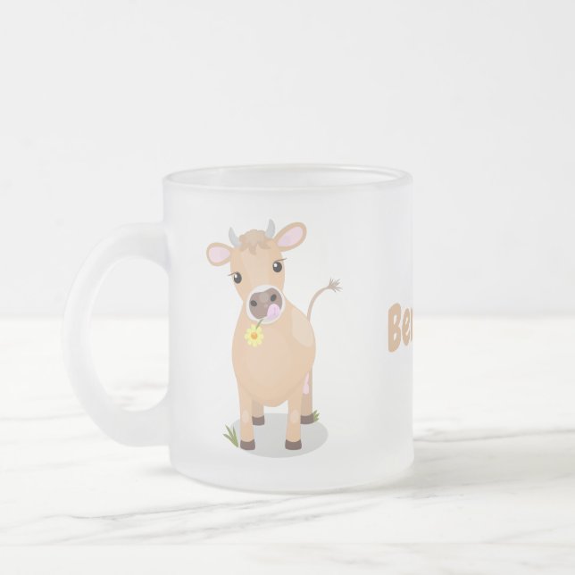 Cute happy jersey cow and flower cartoon frosted glass coffee mug (Left)