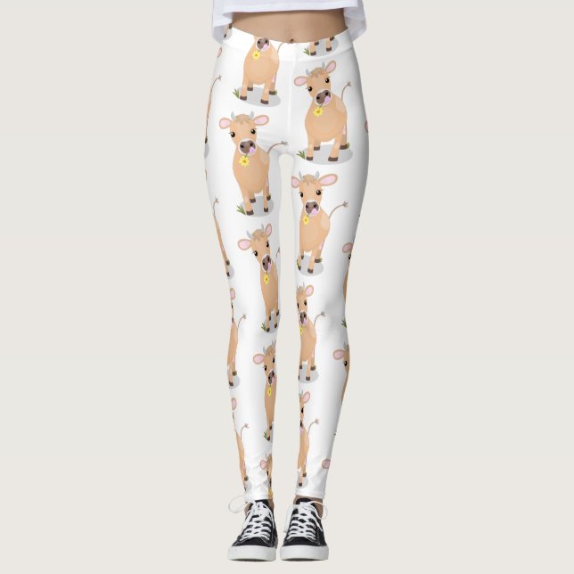 Cute happy jersey cow and flower cartoon leggings (Front)