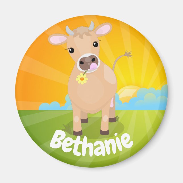 Cute happy jersey cow and flower cartoon magnet (Front)