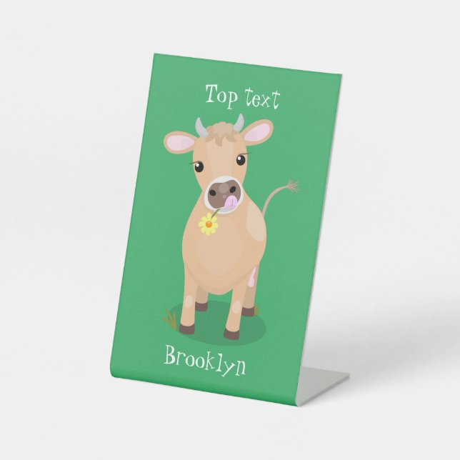 Cute happy jersey cow and flower cartoon pedestal sign (Front)