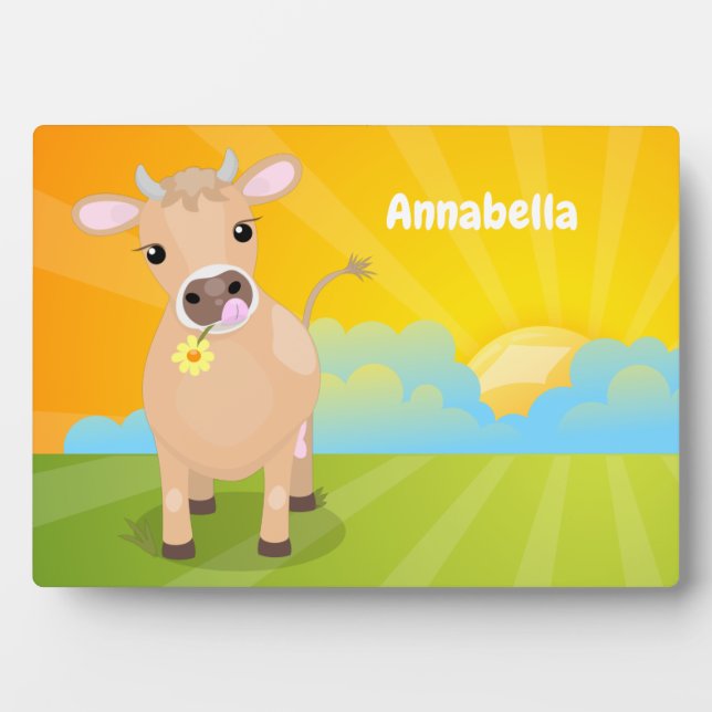 Cute happy jersey cow and flower cartoon plaque (Front)