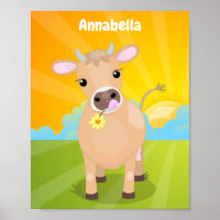 Cute happy jersey cow and flower cartoon