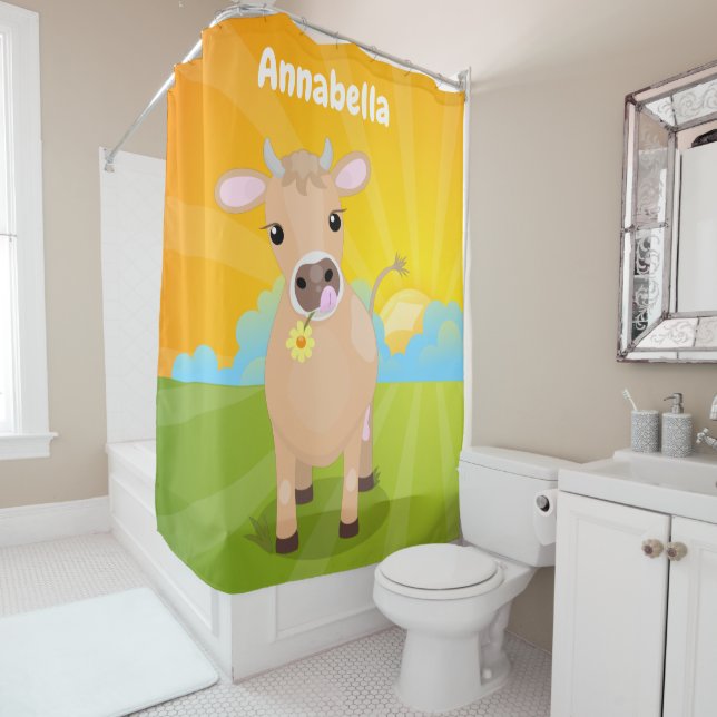Cute happy jersey cow and flower cartoon shower curtain (In Situ)