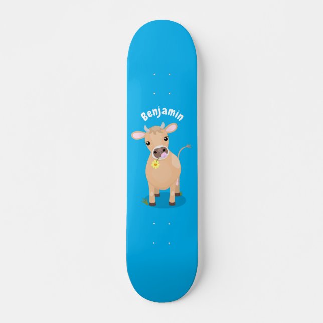 Cute happy jersey cow and flower cartoon skateboard (Front)