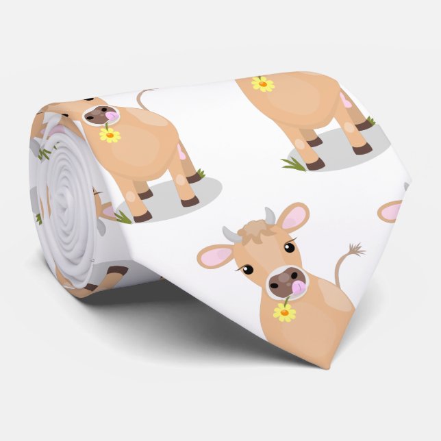 Cute happy jersey cow and flower cartoon tie (Rolled)