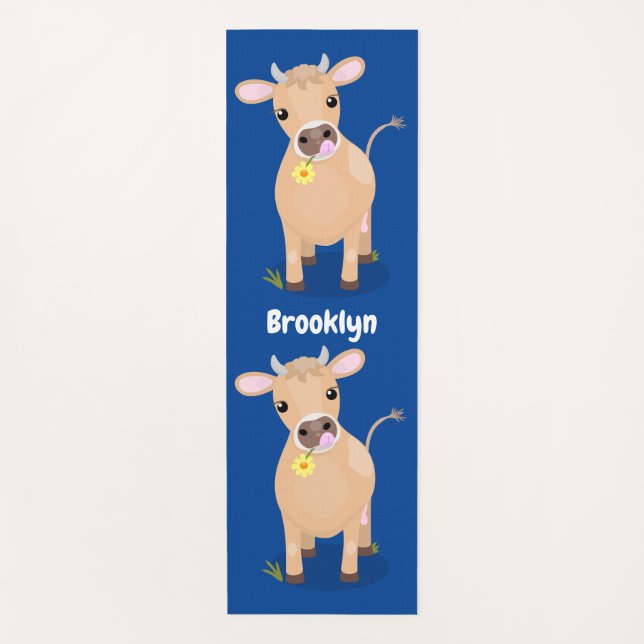 Cute happy jersey cow and flower cartoon yoga mat (Front)