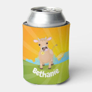 Cute happy jersey cow and flower sunrise cartoon can cooler