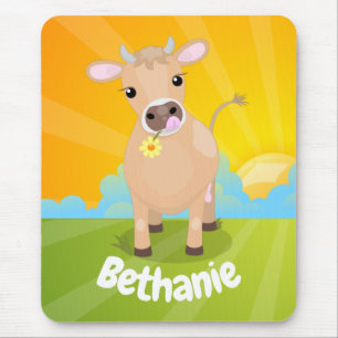 Cute happy jersey cow and flower sunrise cartoon mouse mat