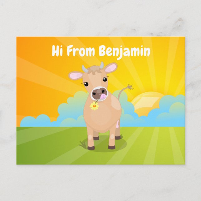 Cute happy jersey cow and flower sunrise cartoon postcard (Front)