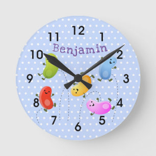 Cute happy jumping jellybeans cartoon illustration round clock