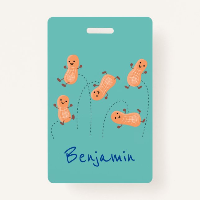 Cute happy jumping peanuts cartoon illustration ID badge (Front)