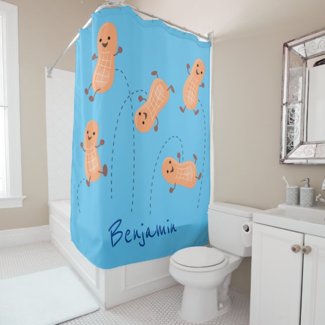 Cute happy jumping peanuts cartoon illustration shower curtain (In Situ)