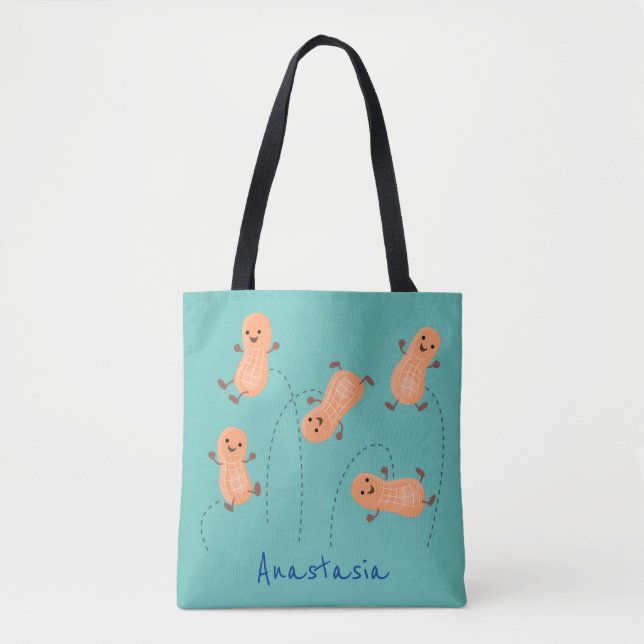 Cute happy jumping peanuts cartoon illustration tote bag (Front)