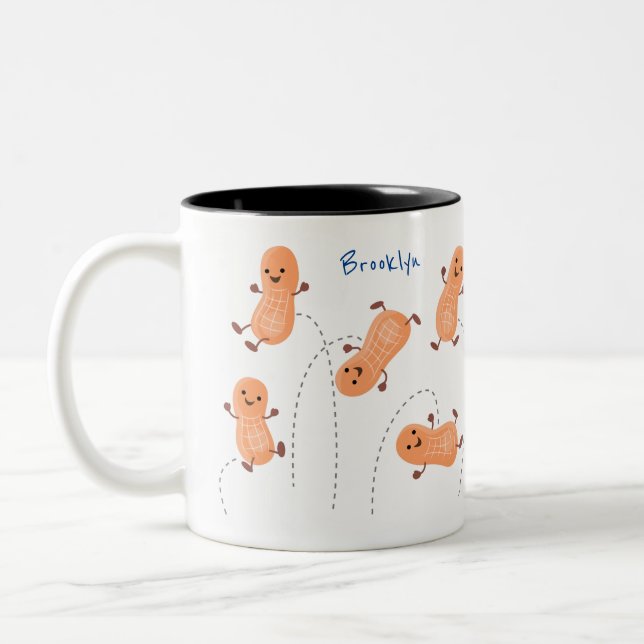 Cute happy jumping peanuts cartoon illustration Two-Tone coffee mug (Left)