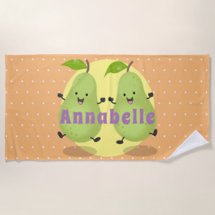 Cute happy jumping pears cartoon illustration beach towel
