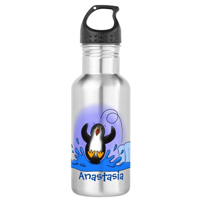 Cute happy jumping penguin cartoon illustration 532 ml water bottle (Front)