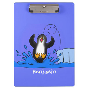 Cute happy jumping penguin cartoon illustration clipboard