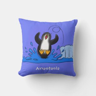 Cute happy jumping penguin cartoon illustration cushion