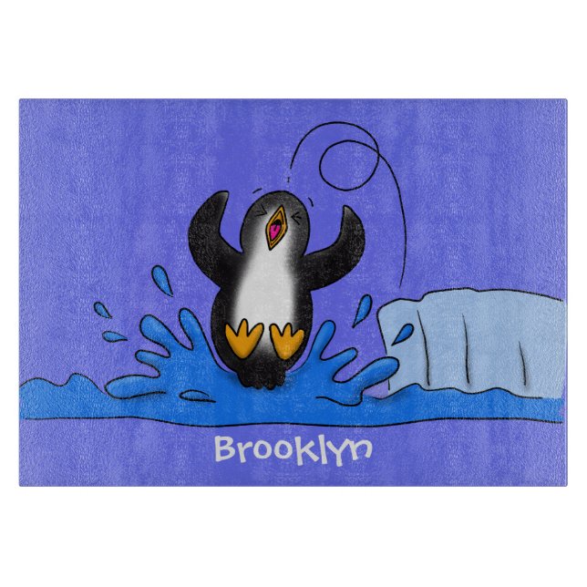 Cute happy jumping penguin cartoon illustration cutting board (Front)