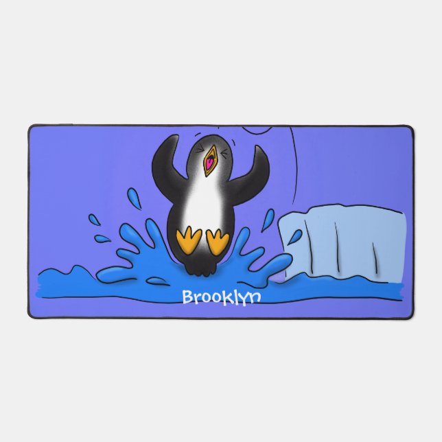 Cute happy jumping penguin cartoon illustration desk mat (Front)