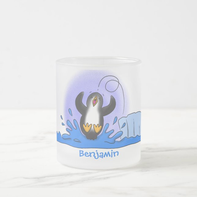 Cute happy jumping penguin cartoon illustration frosted glass coffee mug (Center)