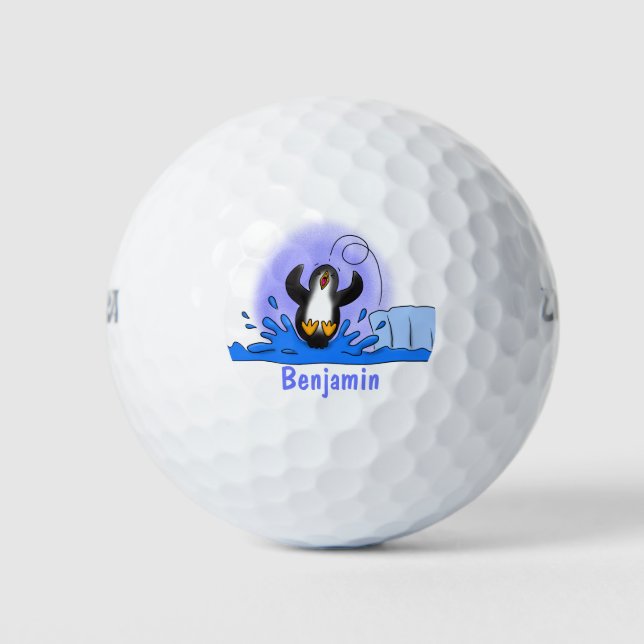 Cute happy jumping penguin cartoon illustration golf balls (Front)
