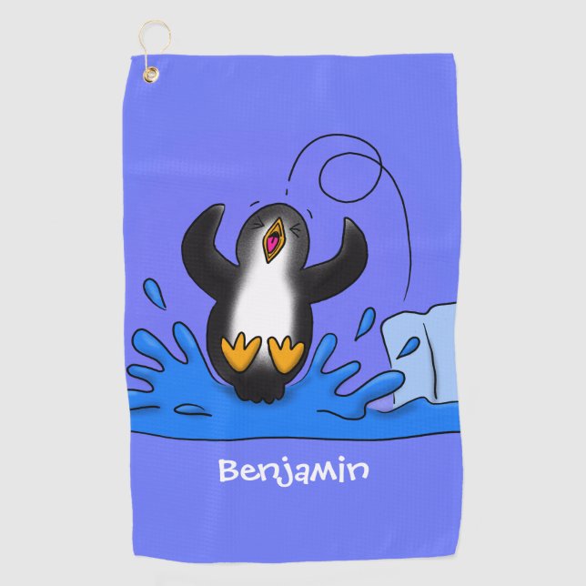 Cute happy jumping penguin cartoon illustration golf towel (Front)