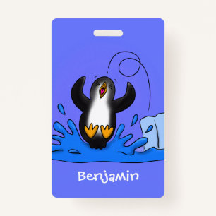Cute happy jumping penguin cartoon illustration ID badge