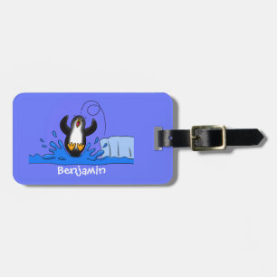 Cute happy jumping penguin cartoon illustration luggage tag