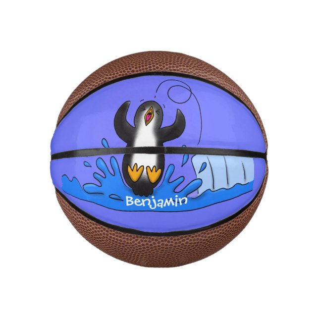 Cute happy jumping penguin cartoon illustration mini basketball (Front)