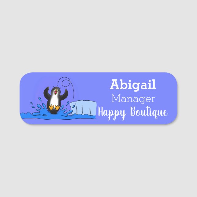 Cute happy jumping penguin cartoon illustration name tag (Front)