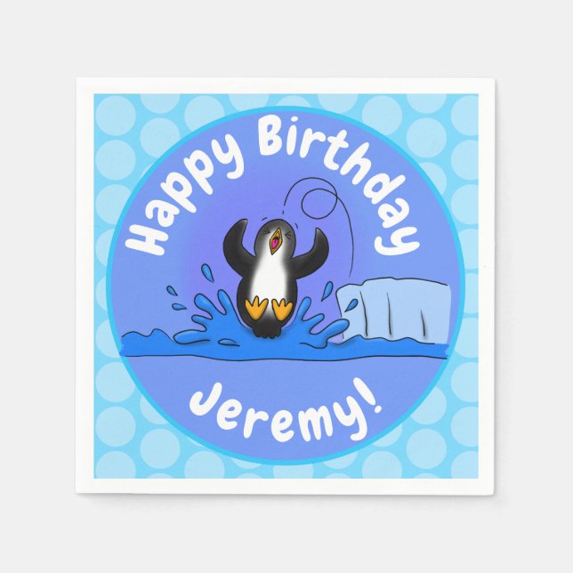 Cute happy jumping penguin cartoon illustration napkin (Front)
