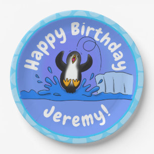 Cute happy jumping penguin cartoon illustration paper plate